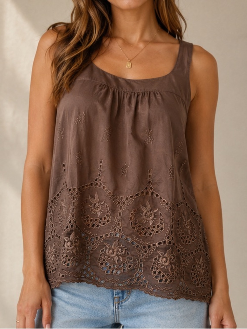 Theory Zander Lanella Y2K Brown Eyelet Embroidered Tank Top